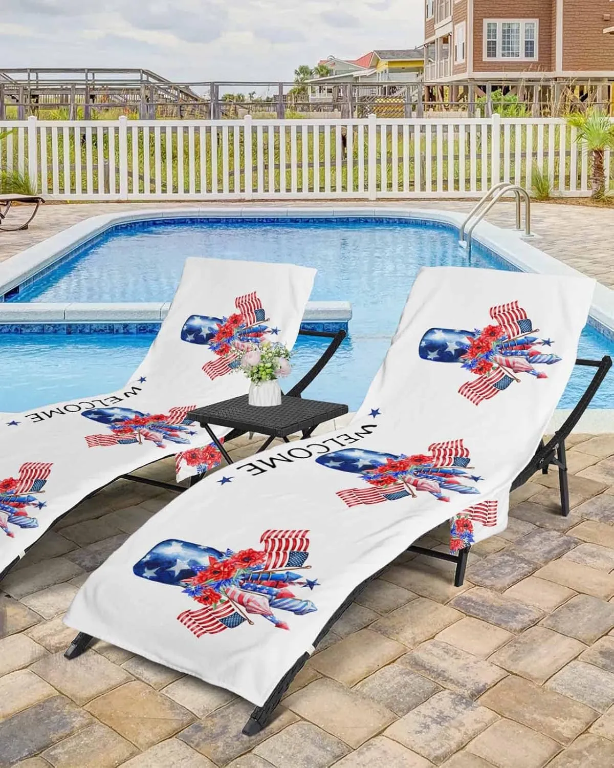 Independence Jar with Floral Flag Poppies Chaise Lounge Cover - Beach Chair Towel, Blue Firework Pool Lounger Chair Covers with Side Pocket, Towels Cover for Sunbathing Patio Hotel, 85 x 29 in
