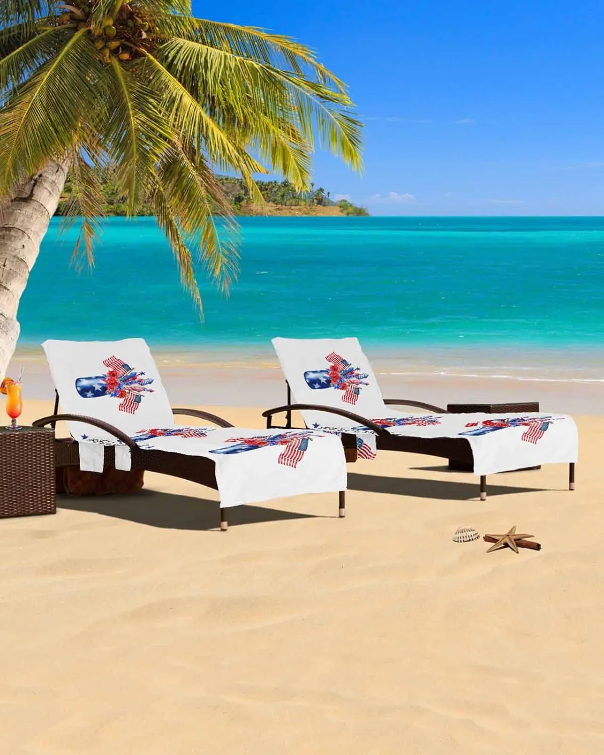 Independence Jar with Floral Flag Poppies Chaise Lounge Cover - Beach Chair Towel, Blue Firework Pool Lounger Chair Covers with Side Pocket, Towels Cover for Sunbathing Patio Hotel, 85 x 29 in