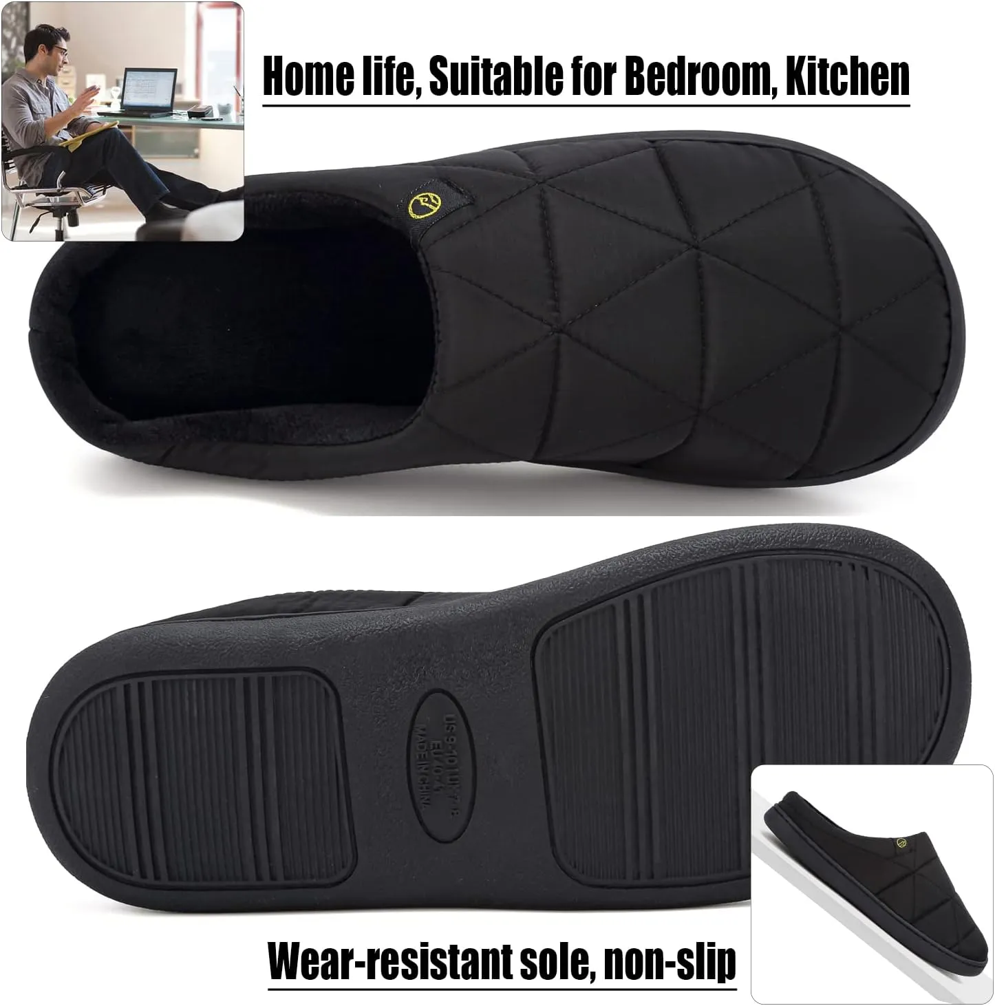 Indoor Memory Foam Slippers Mens Fleece Lined Comfortable House Shoes for Men Closed Toe Waterproof Non-Slip Winter Warm Slippers
