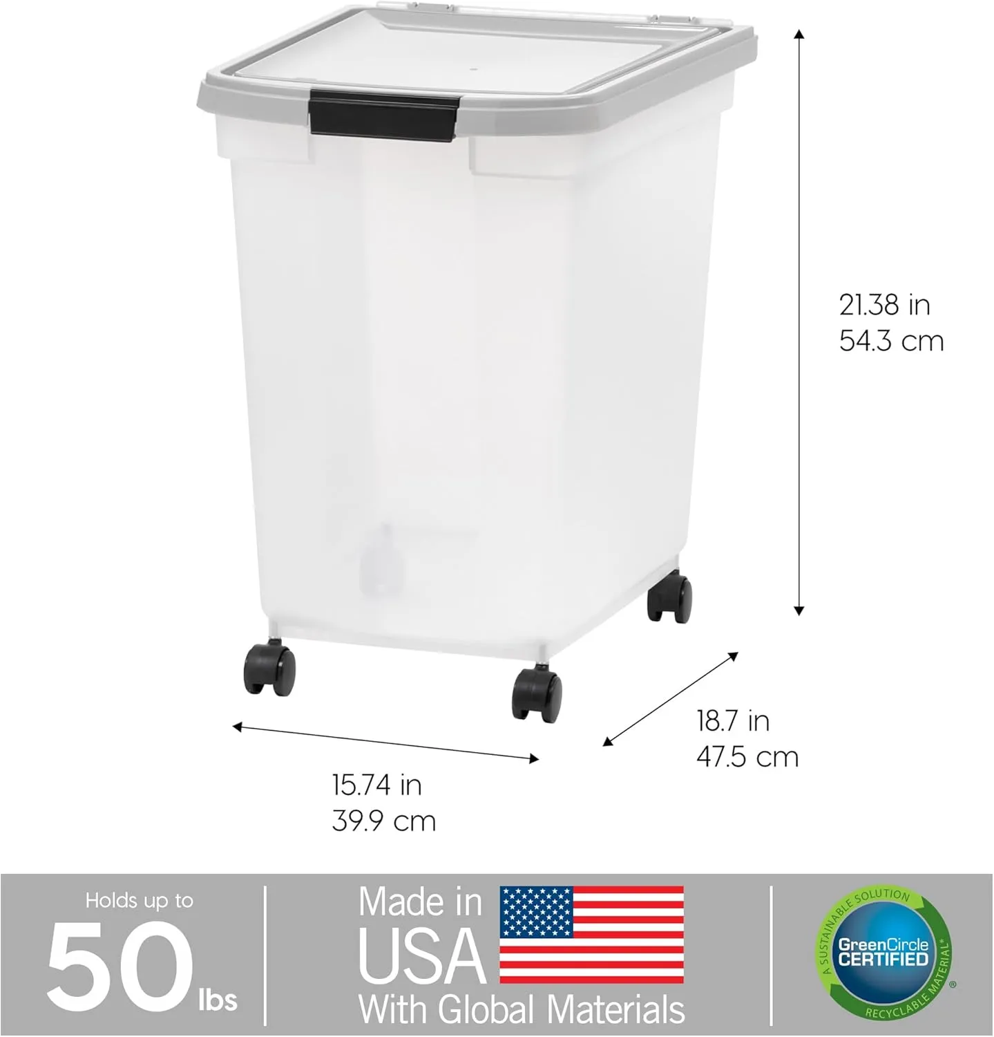 IRIS USA Airtight Dog Food Storage Container, WeatherPro, Up to 50 lbs, Removable Wheels, for Dog Cat Bird and Other Pet Food Storage Bin, Keep Fresh, Translucent Body, Made in USA, Clear/Gray