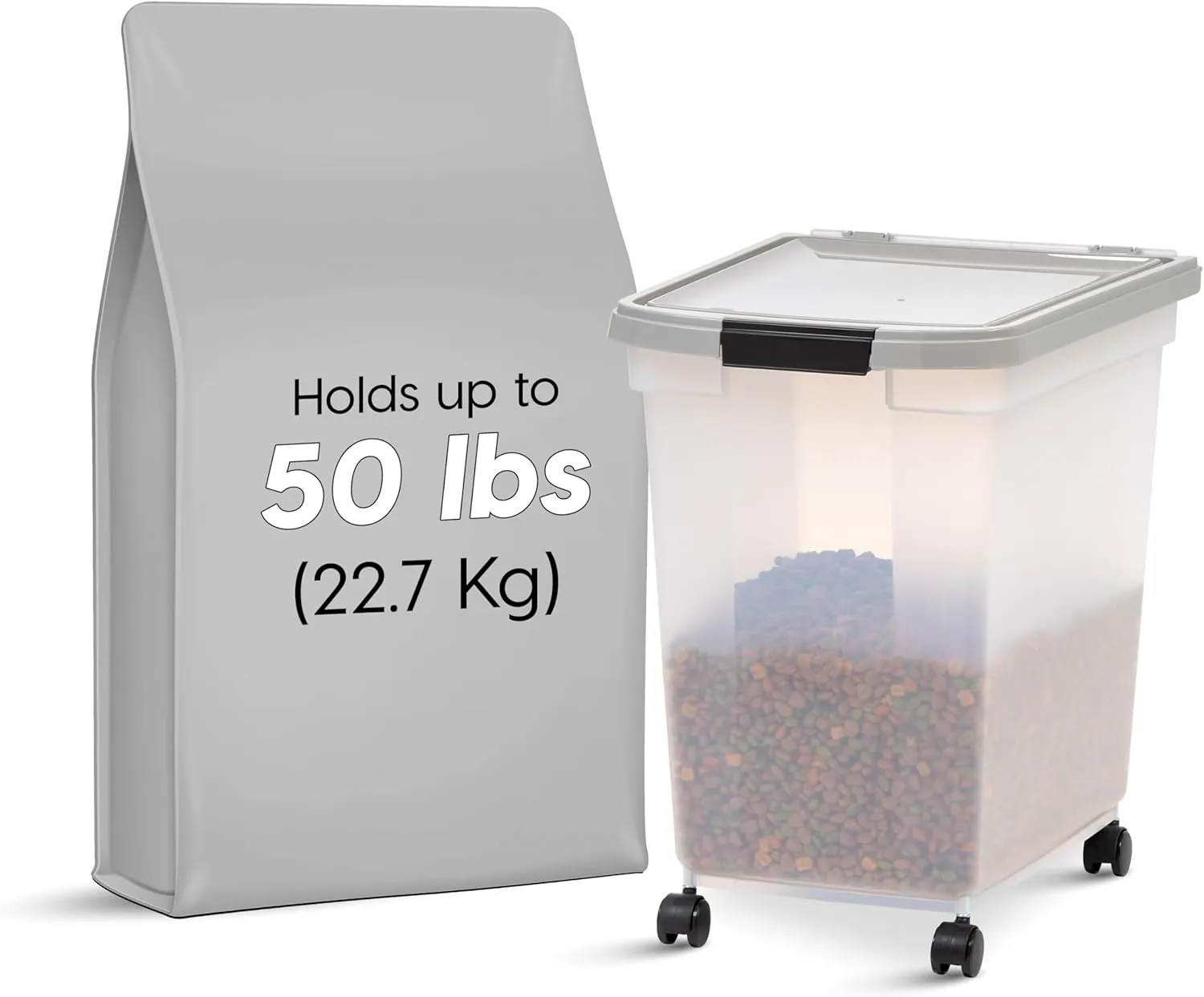 IRIS USA Airtight Dog Food Storage Container, WeatherPro, Up to 50 lbs, Removable Wheels, for Dog Cat Bird and Other Pet Food Storage Bin, Keep Fresh, Translucent Body, Made in USA, Clear/Gray