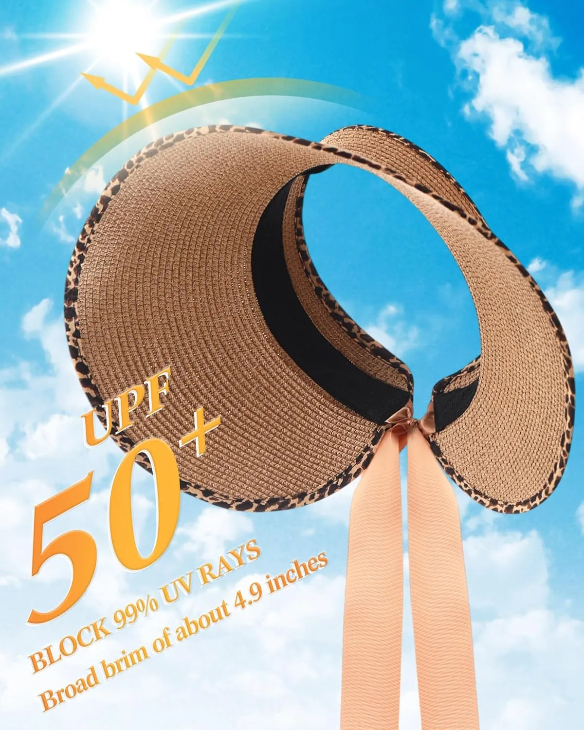 JaGely 3 Pieces Foldable Straw Sun Visors Hats Wide Brim Ponytail Summer Beach Hat Adjustable Sun Protection Hats for Women