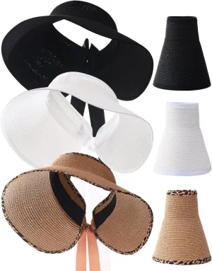 JaGely 3 Pieces Foldable Straw Sun Visors Hats Wide Brim Ponytail Summer Beach Hat Adjustable Sun Protection Hats for Women