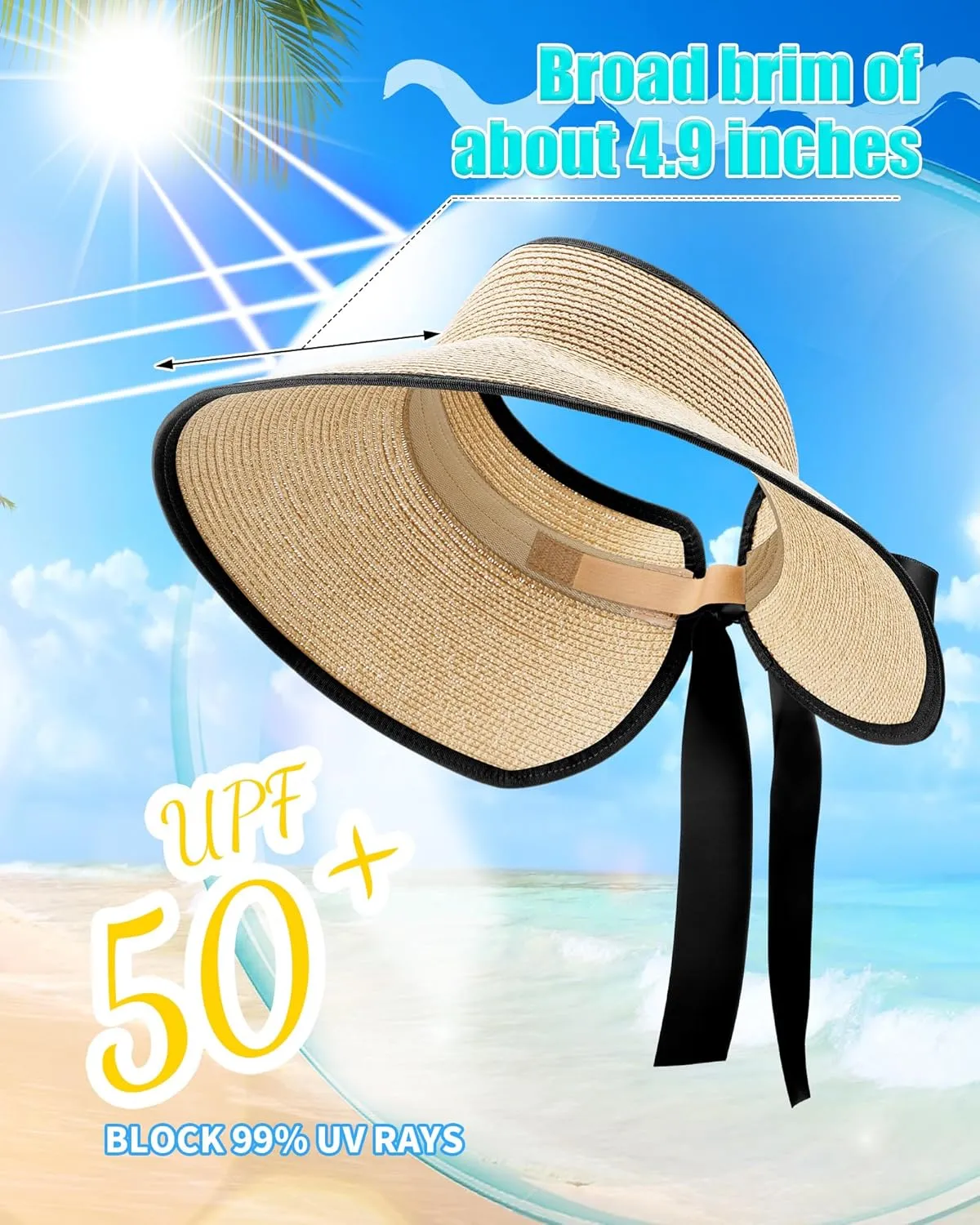 JaGely 3 Pieces Foldable Straw Sun Visors Hats Wide Brim Ponytail Summer Beach Hat Adjustable Sun Protection Hats for Women