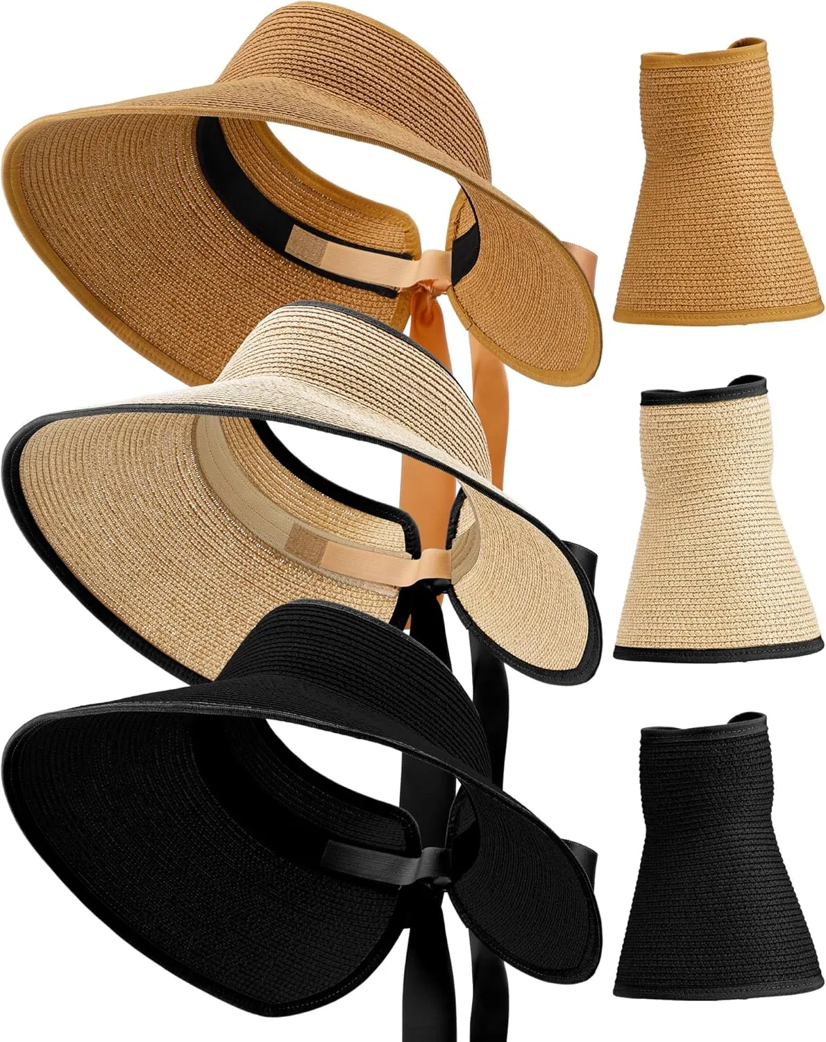JaGely 3 Pieces Foldable Straw Sun Visors Hats Wide Brim Ponytail Summer Beach Hat Adjustable Sun Protection Hats for Women