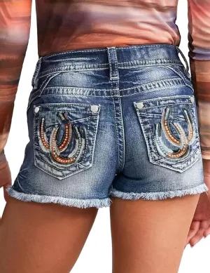 Jean Shorts for Women Denim Shorts Mid Rise Raw Hem Skinny Stretchy Back Embroidery Pocket Shorts