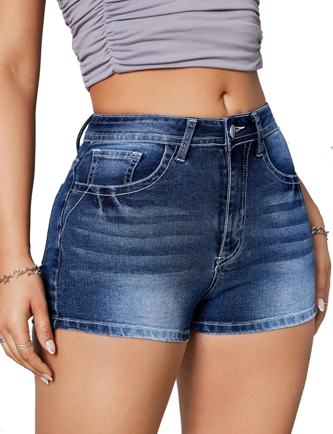 Jean Shorts for Women Denim Shorts Mid Rise Raw Hem Skinny Stretchy Back Embroidery Pocket Shorts