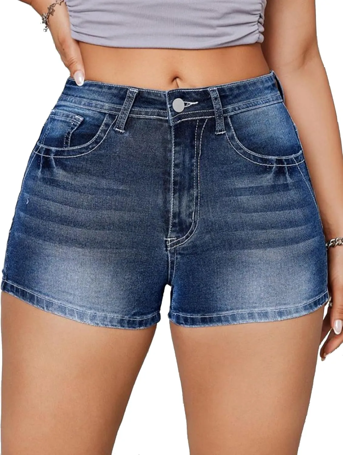 Jean Shorts for Women Denim Shorts Mid Rise Raw Hem Skinny Stretchy Back Embroidery Pocket Shorts