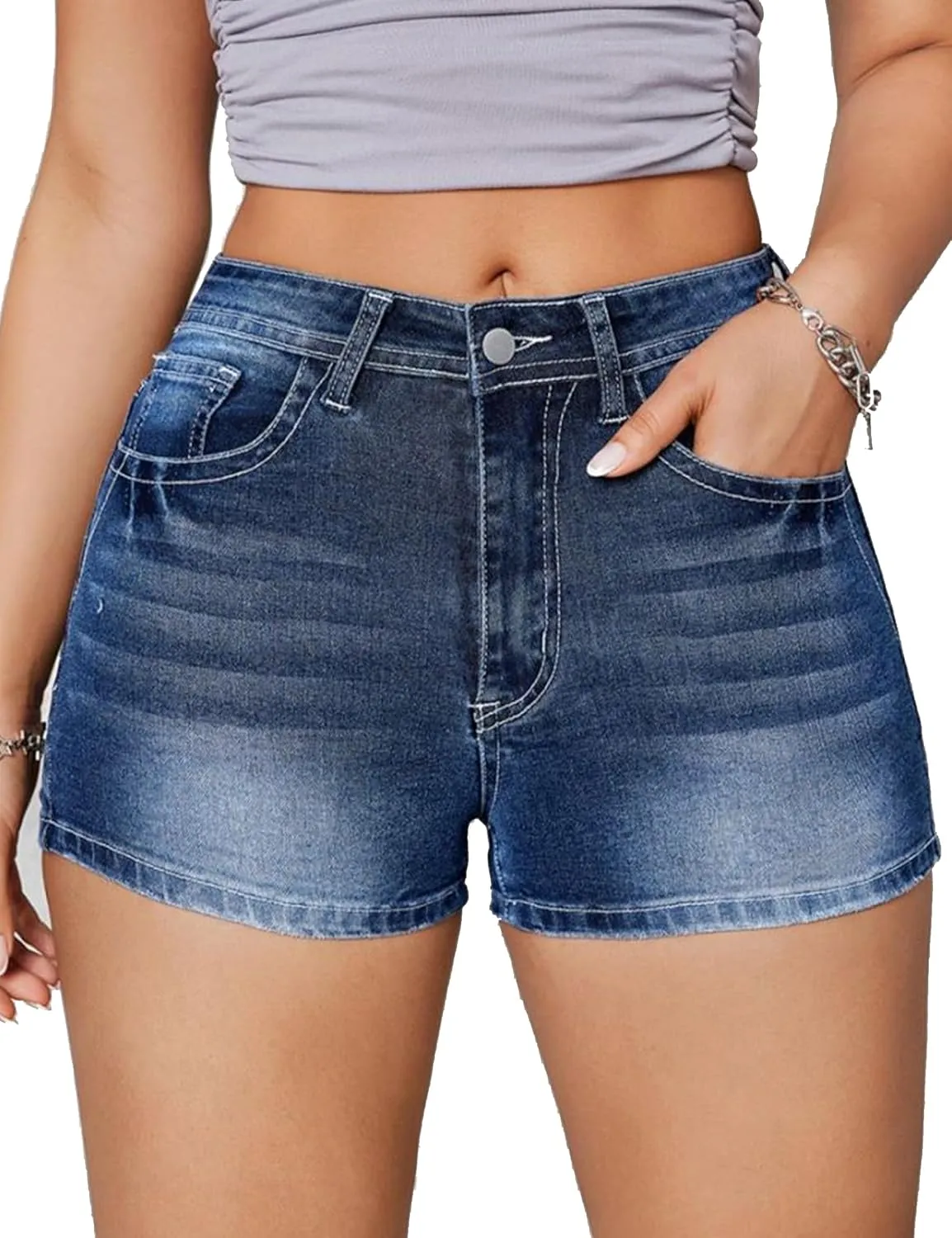 Jean Shorts for Women Denim Shorts Mid Rise Raw Hem Skinny Stretchy Back Embroidery Pocket Shorts