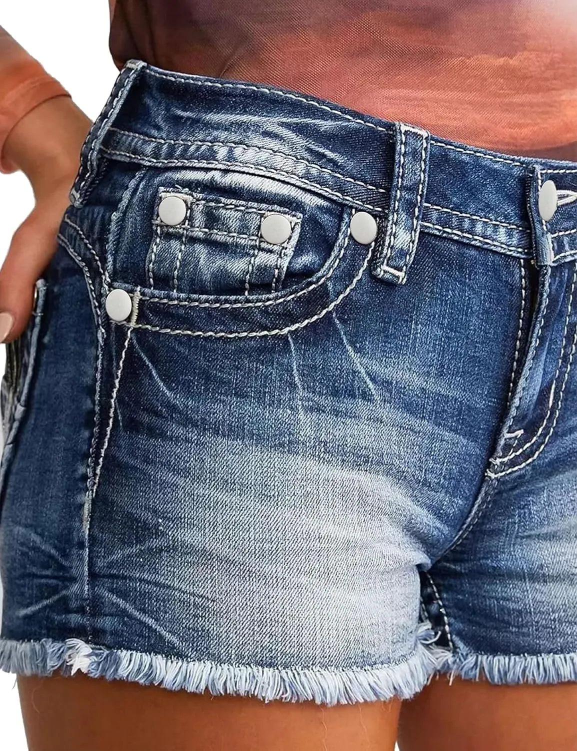 Jean Shorts for Women Denim Shorts Mid Rise Raw Hem Skinny Stretchy Back Embroidery Pocket Shorts