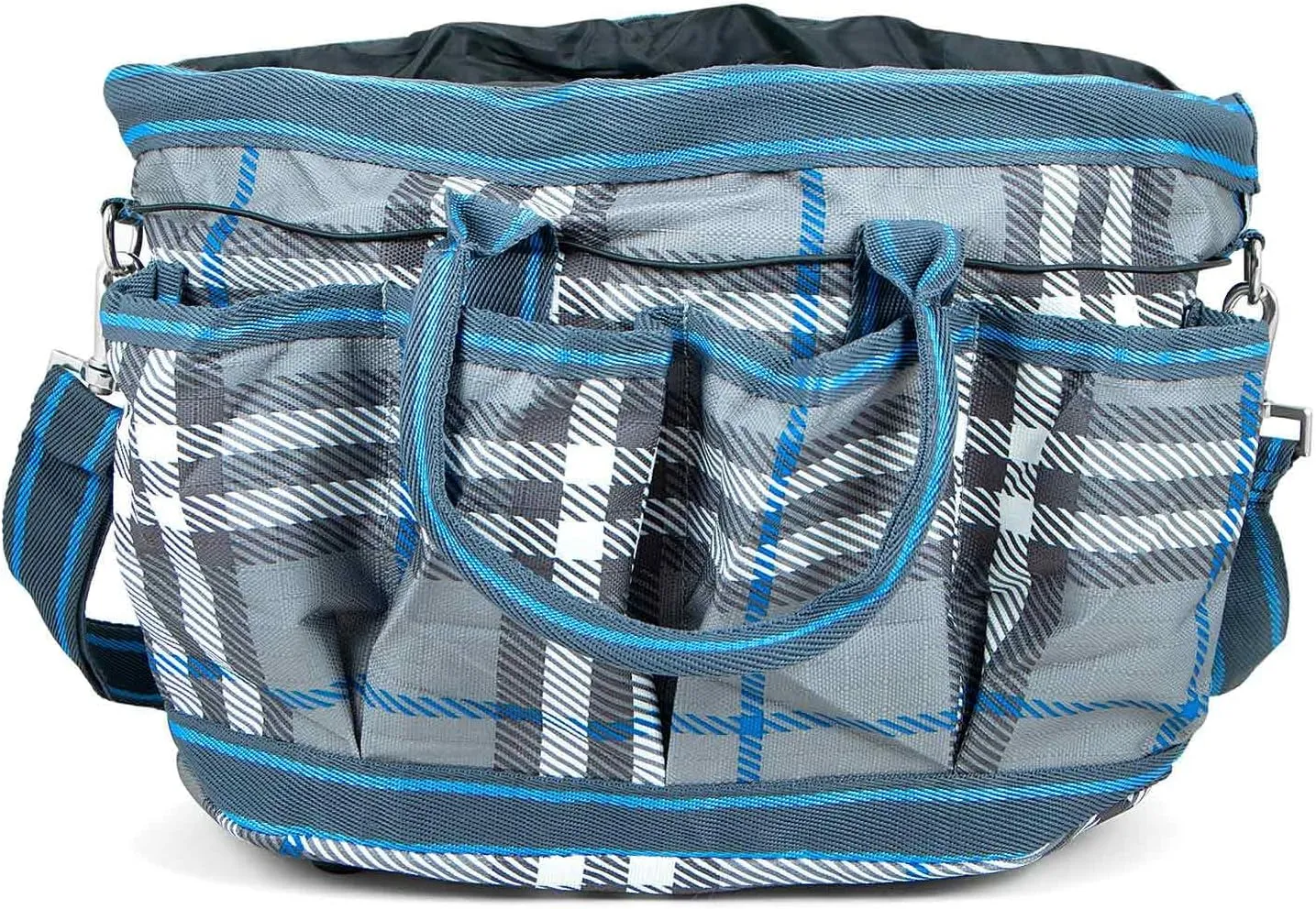 Jeffers Poplar Head Grooming Bag – Horse Grooming Organizer Tote with Pockets for Brushes, Tools, Clippers, Shampoo, Detangler – Stable Barn Kit Carrier for Horses, Pets, Hamilton Blue & Slate Plaid