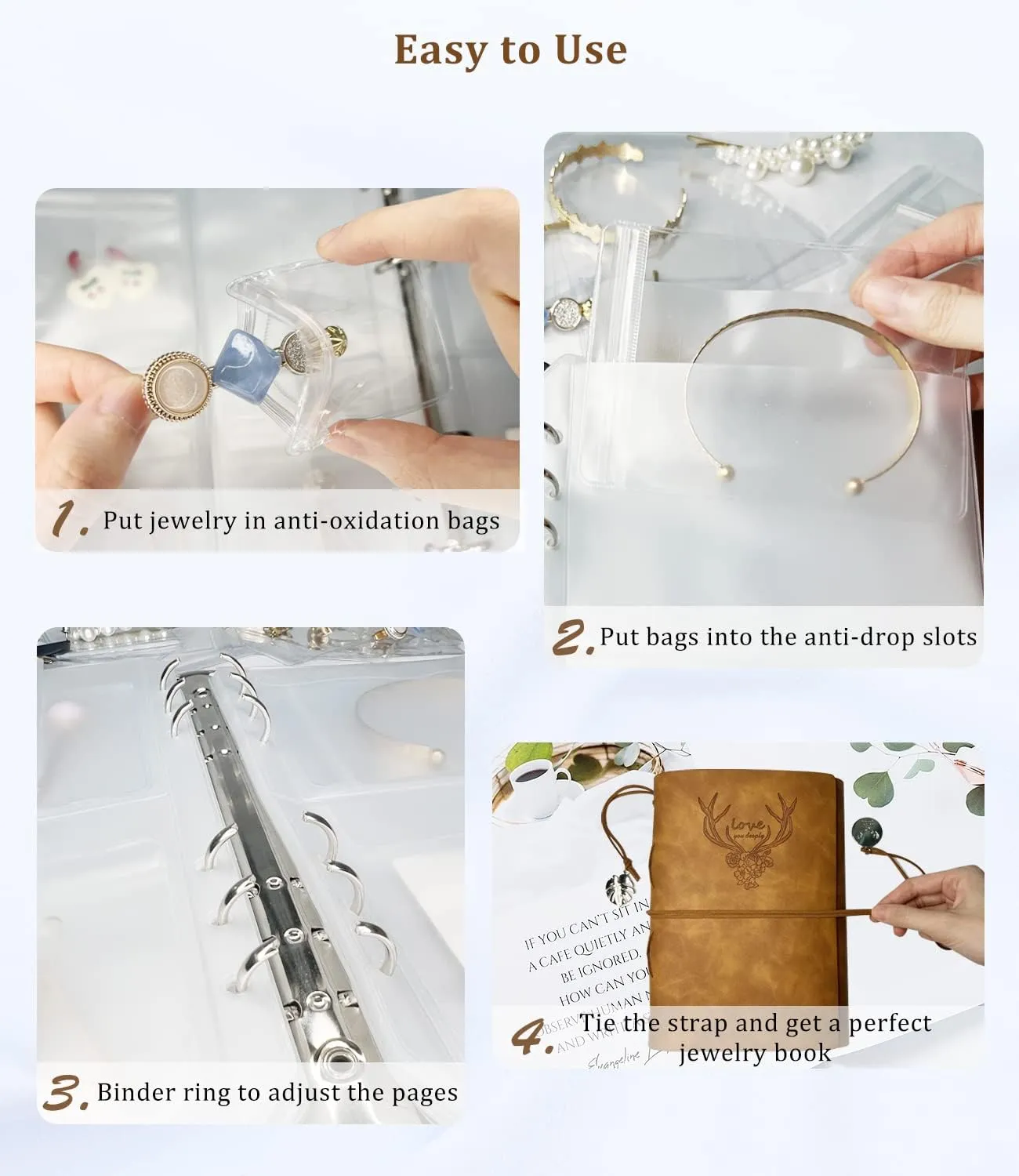 Jewelry Storage Book, PU Leather Travel Jewelry Organizer with Anti-drop Pockets, Portable Earrings Travel Album with Transparent Jewelry Bags for Rings, Bracelets(70 Grids 70 Anti-Oxidation PVC Bags)