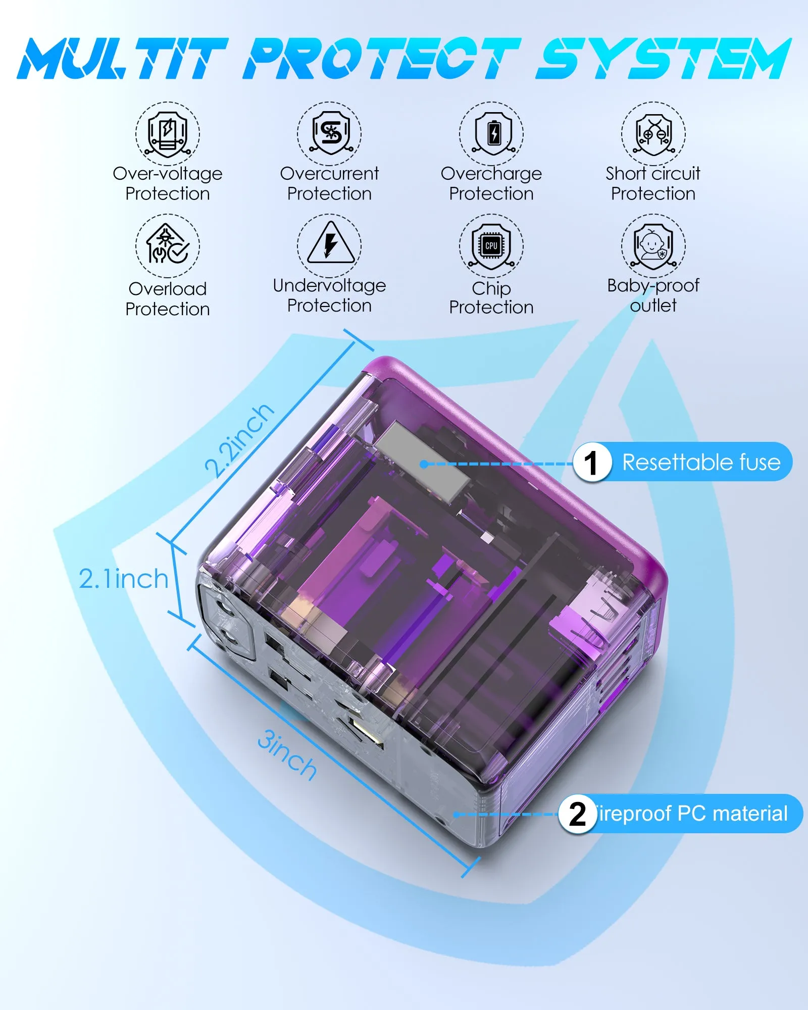 JMFONE-URJD Universal Travel Adapter Offers 5.8A 3X 3.0A USB-C Ports, 2X 2.4A USB-A Ports and Multi AC Outlet, All-in-One International Power Plug Adaptor Worldwide Charger for EU US UK AU 200  Countries（Purple）
