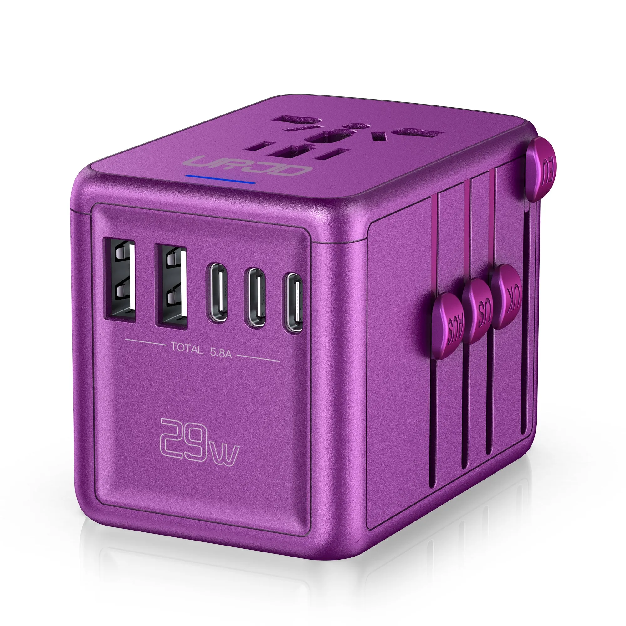 JMFONE-URJD Universal Travel Adapter Offers 5.8A 3X 3.0A USB-C Ports, 2X 2.4A USB-A Ports and Multi AC Outlet, All-in-One International Power Plug Adaptor Worldwide Charger for EU US UK AU 200  Countries（Purple）