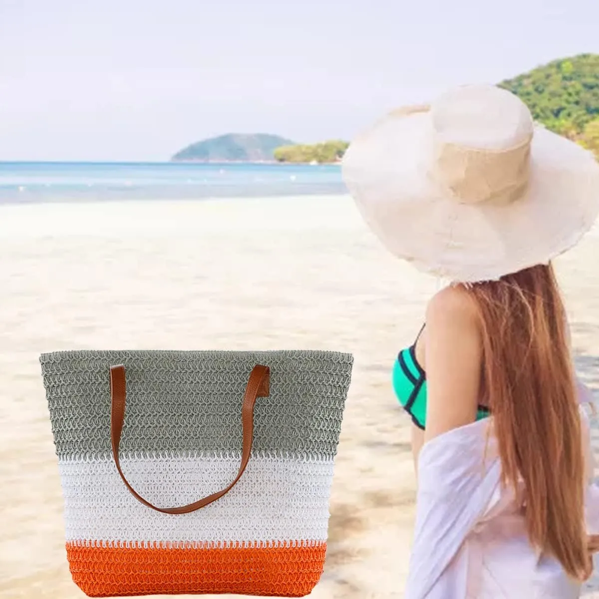 JNF Large Colorful Beach Bags for Women Straw Beach Tote bag Rattan Woven Crochet Beach Bags Boho Beach Towels Bag Set