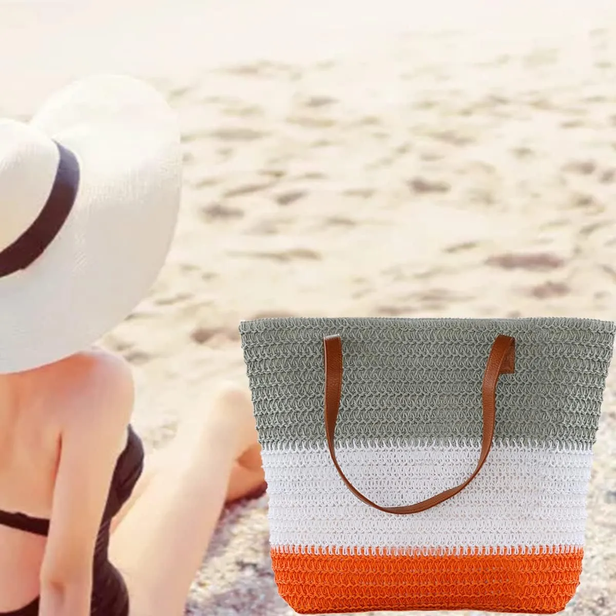 JNF Large Colorful Beach Bags for Women Straw Beach Tote bag Rattan Woven Crochet Beach Bags Boho Beach Towels Bag Set