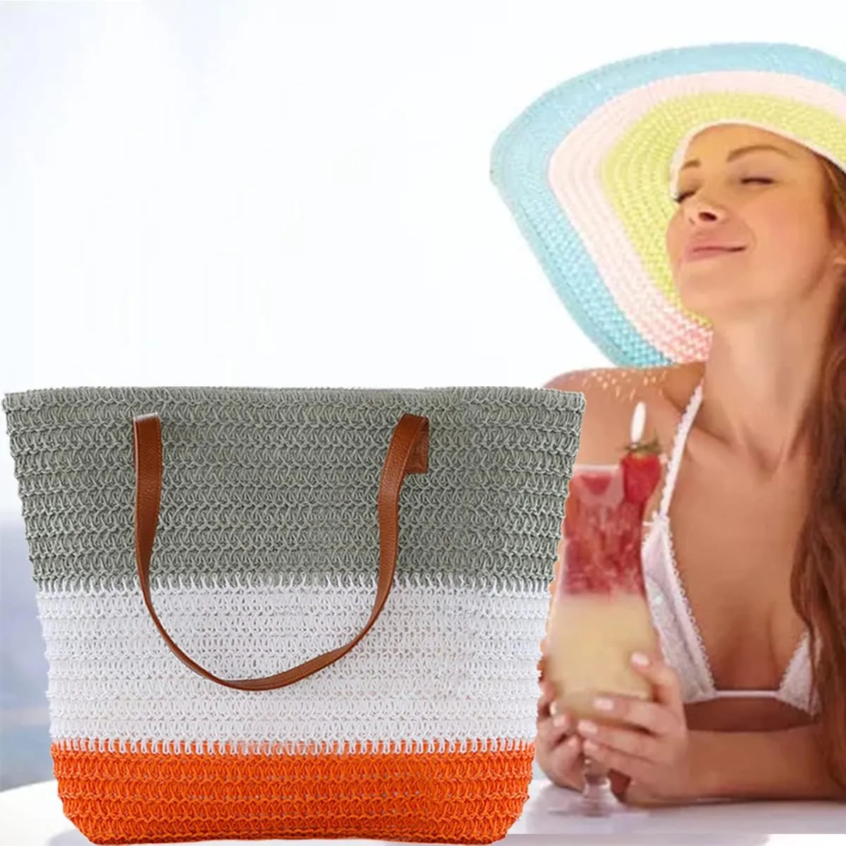 JNF Large Colorful Beach Bags for Women Straw Beach Tote bag Rattan Woven Crochet Beach Bags Boho Beach Towels Bag Set