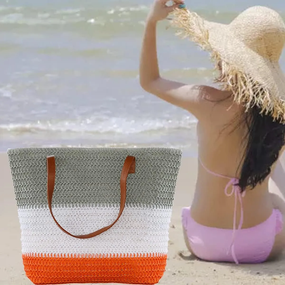 JNF Large Colorful Beach Bags for Women Straw Beach Tote bag Rattan Woven Crochet Beach Bags Boho Beach Towels Bag Set