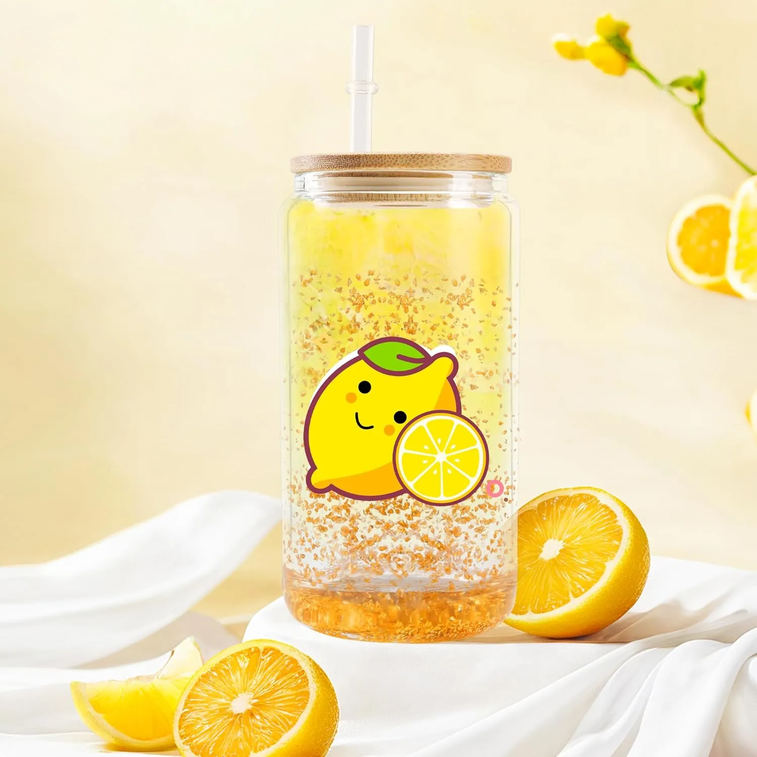 Joyclub 8 Pack Sublimation Snow Globe Tumbler Pre Drilled Beer Can Shaped, 16oz Double Wall Sublimation Glass Cups with Lids and Straws for Snow Globe Glitter DIY Smoothie Soda Boba Tea Cocktail