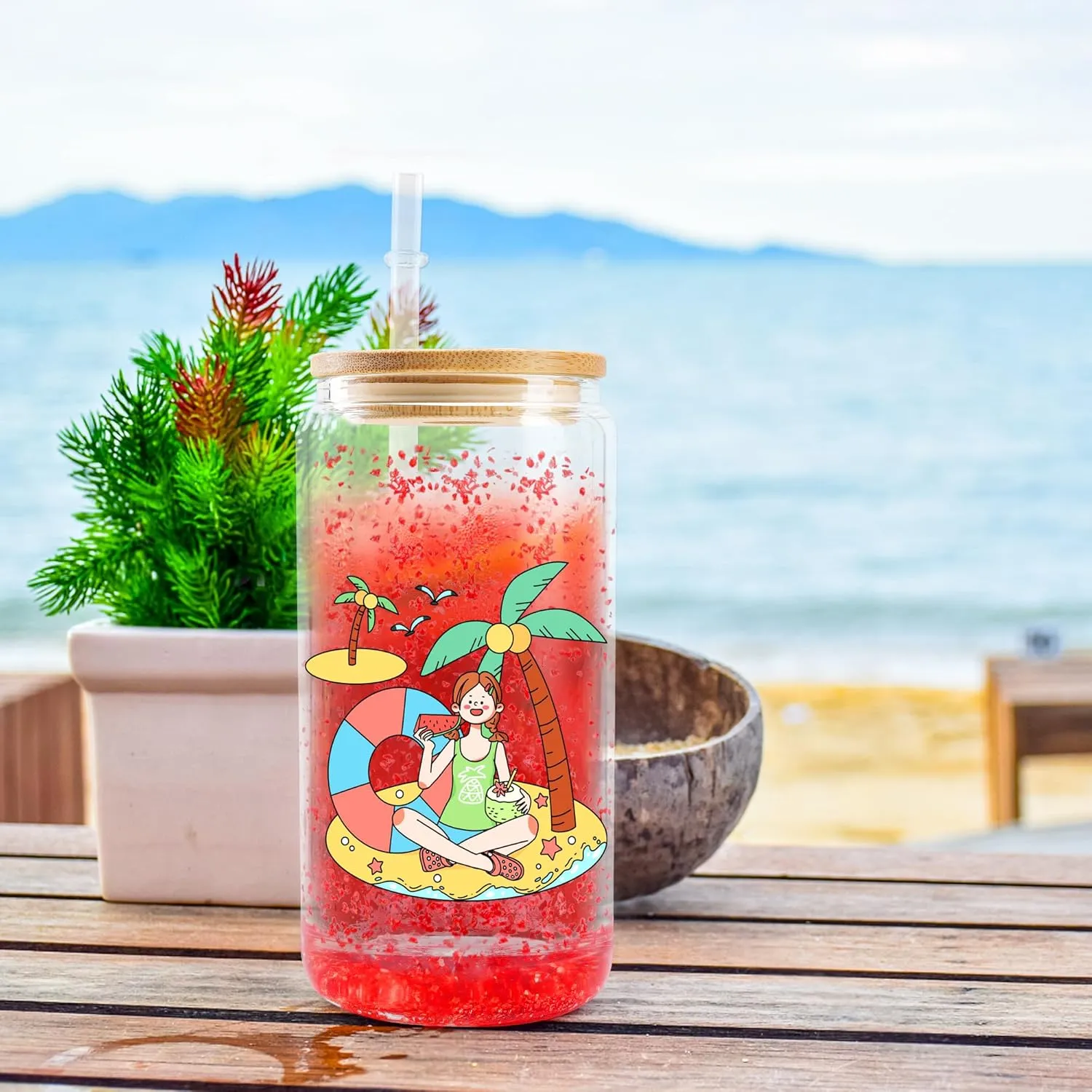Joyclub 8 Pack Sublimation Snow Globe Tumbler Pre Drilled Beer Can Shaped, 16oz Double Wall Sublimation Glass Cups with Lids and Straws for Snow Globe Glitter DIY Smoothie Soda Boba Tea Cocktail
