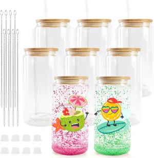 Joyclub 8 Pack Sublimation Snow Globe Tumbler Pre Drilled Beer Can Shaped, 16oz Double Wall Sublimation Glass Cups with Lids and Straws for Snow Globe Glitter DIY Smoothie Soda Boba Tea Cocktail