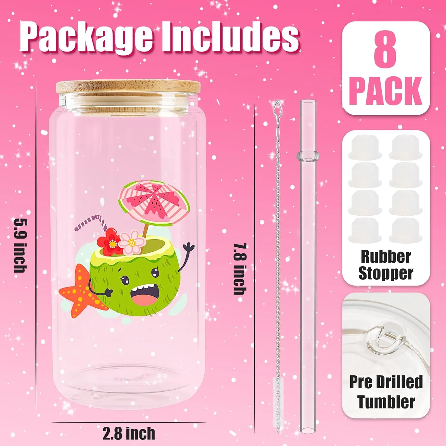 Joyclub 8 Pack Sublimation Snow Globe Tumbler Pre Drilled Beer Can Shaped, 16oz Double Wall Sublimation Glass Cups with Lids and Straws for Snow Globe Glitter DIY Smoothie Soda Boba Tea Cocktail