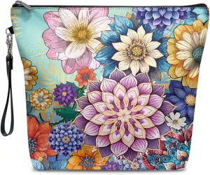 JoyLamoria Cosmetic Bags with Wristlet Strap Boho Floral Print Travel Make-up Pouch Waterproof Toiletry Pouch PU Leather