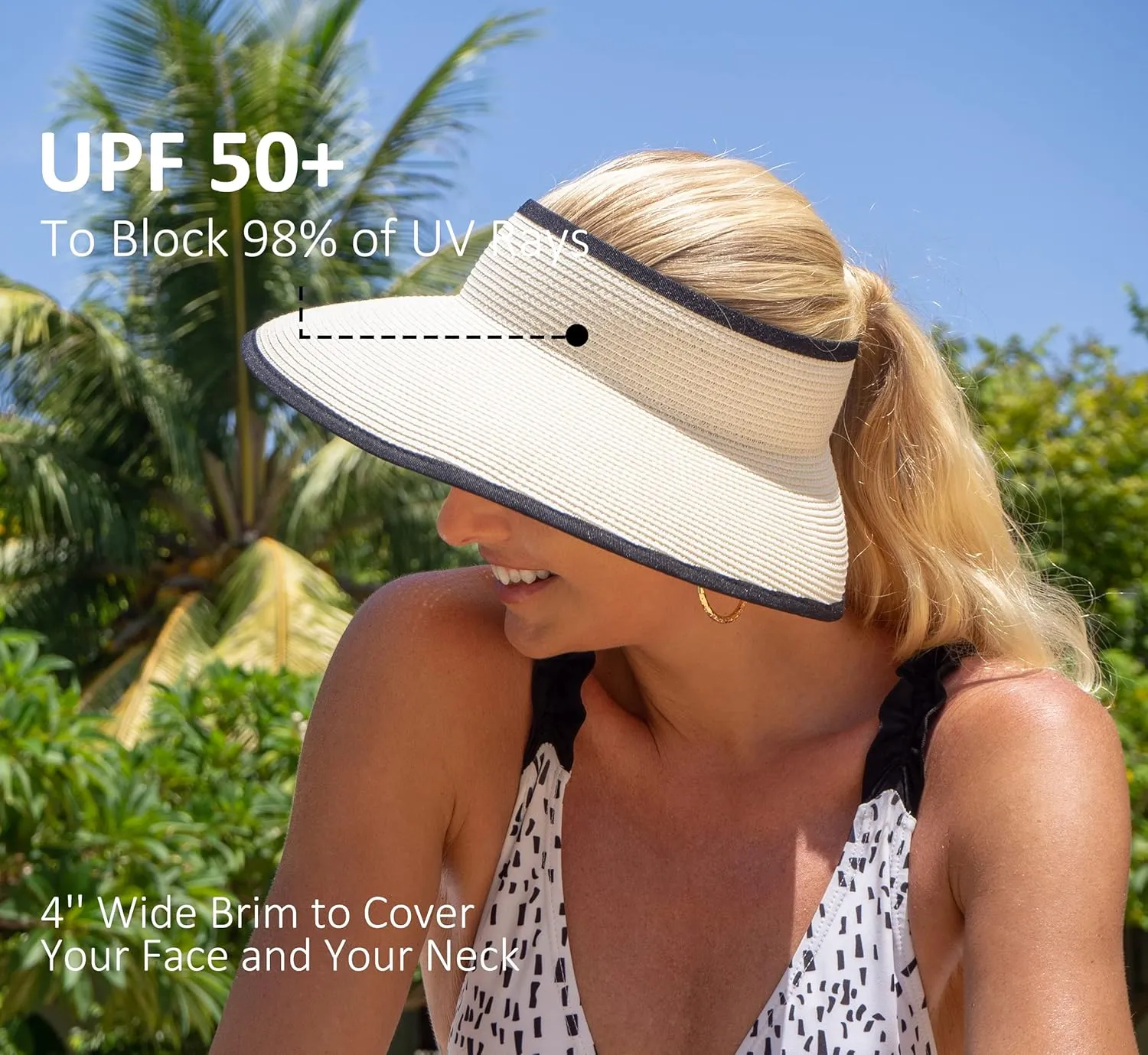 Joywant Womens Sun Visor Hats, Packable Wide Brim Ponytail Beach Hat Straw Visor Summer Beach Vacation Essentials for Womens