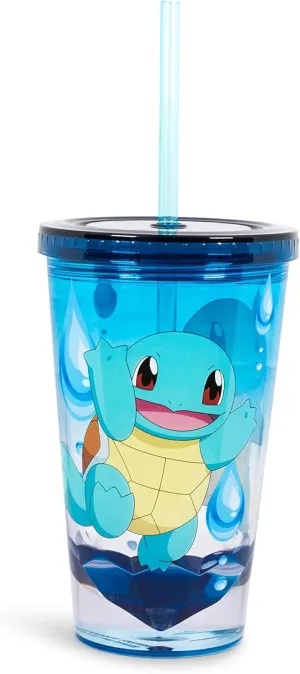 JUST FUNKY Pokemon Squirtle 16 Ounce Plastic Carnival Cup Tumbler with Screw-Down Lid & Reusable Straw - Perfect Cool Gear for Cold Drinks, Iced Coffee, Water, Smoothie, Bubble Tea, Boba & Milktea