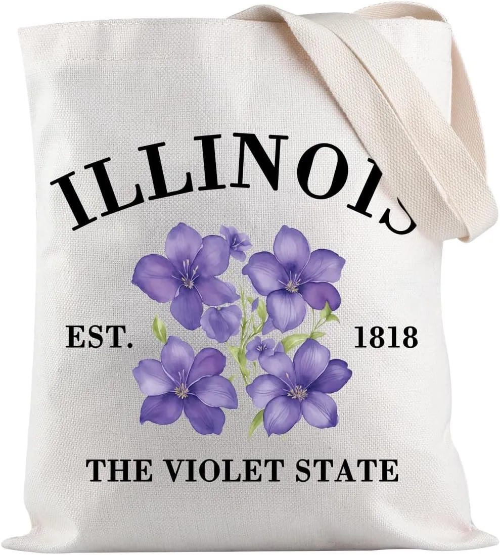 JXGZSO Illinois State Flower Tote Bag Illinois the Violet State Est 1818 Handbag Illinois State Travel Gift Flower Gift