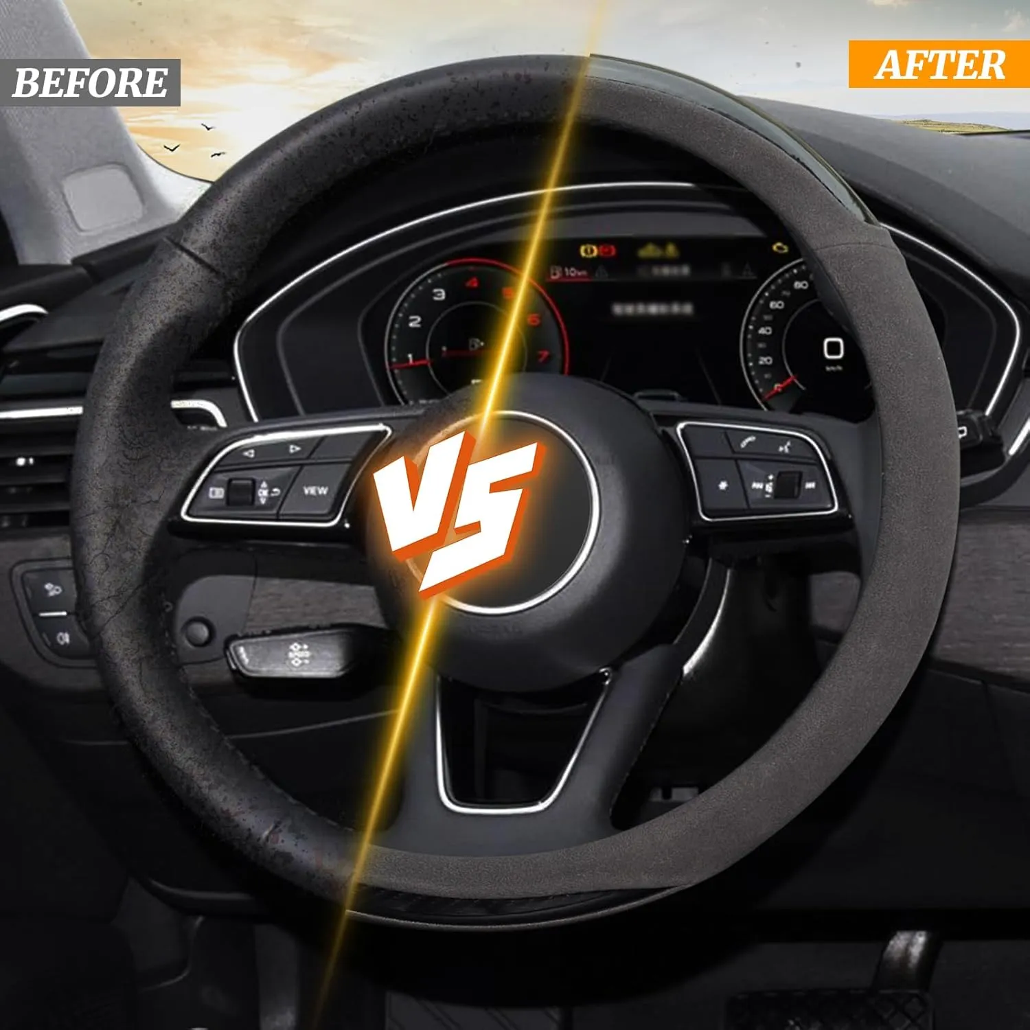 KAFEEK Suede Carbon Fibre Steering Wheel Cover, Universal 15 inch, Anti-Slip, Odorless,Black
