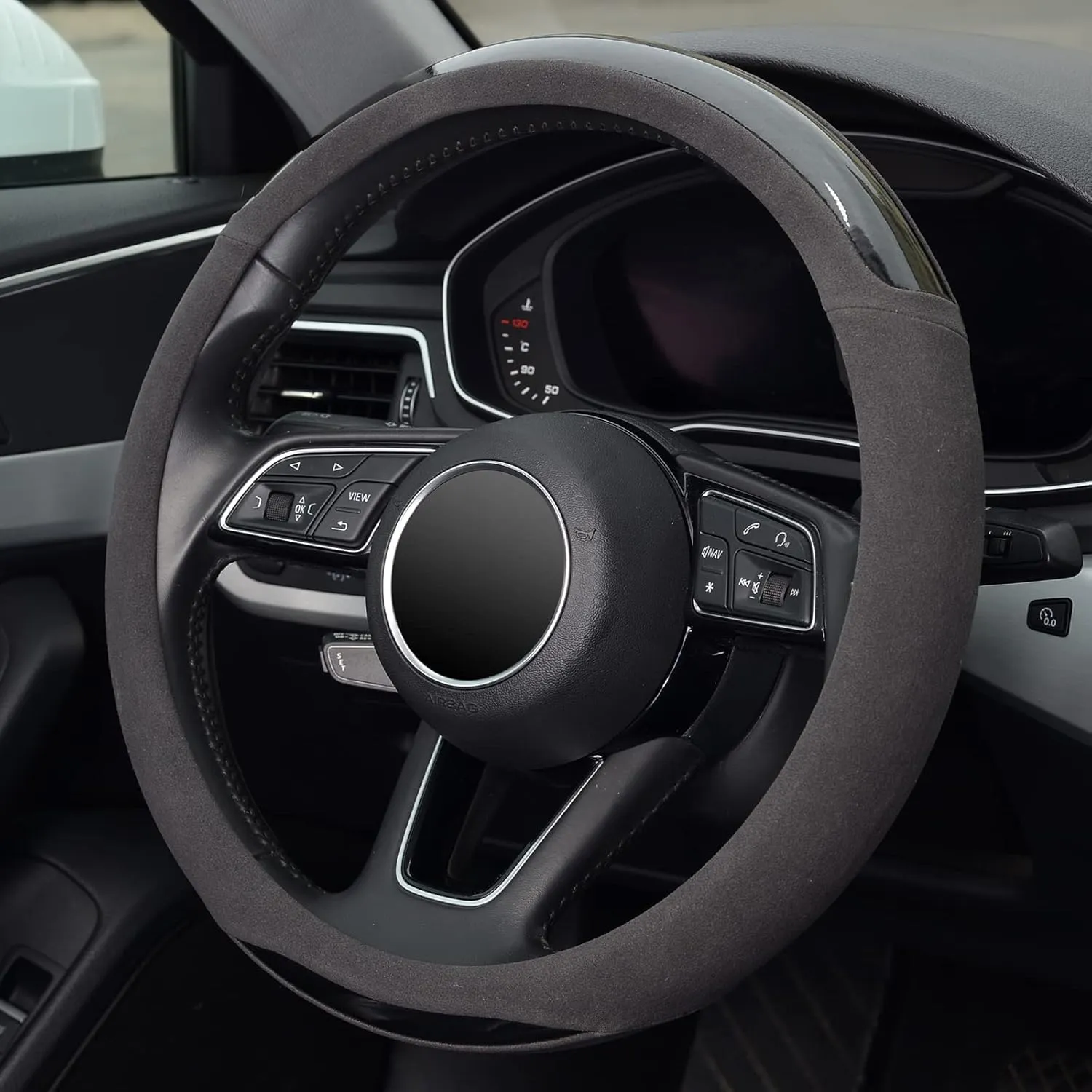 KAFEEK Suede Carbon Fibre Steering Wheel Cover, Universal 15 inch, Anti-Slip, Odorless,Black