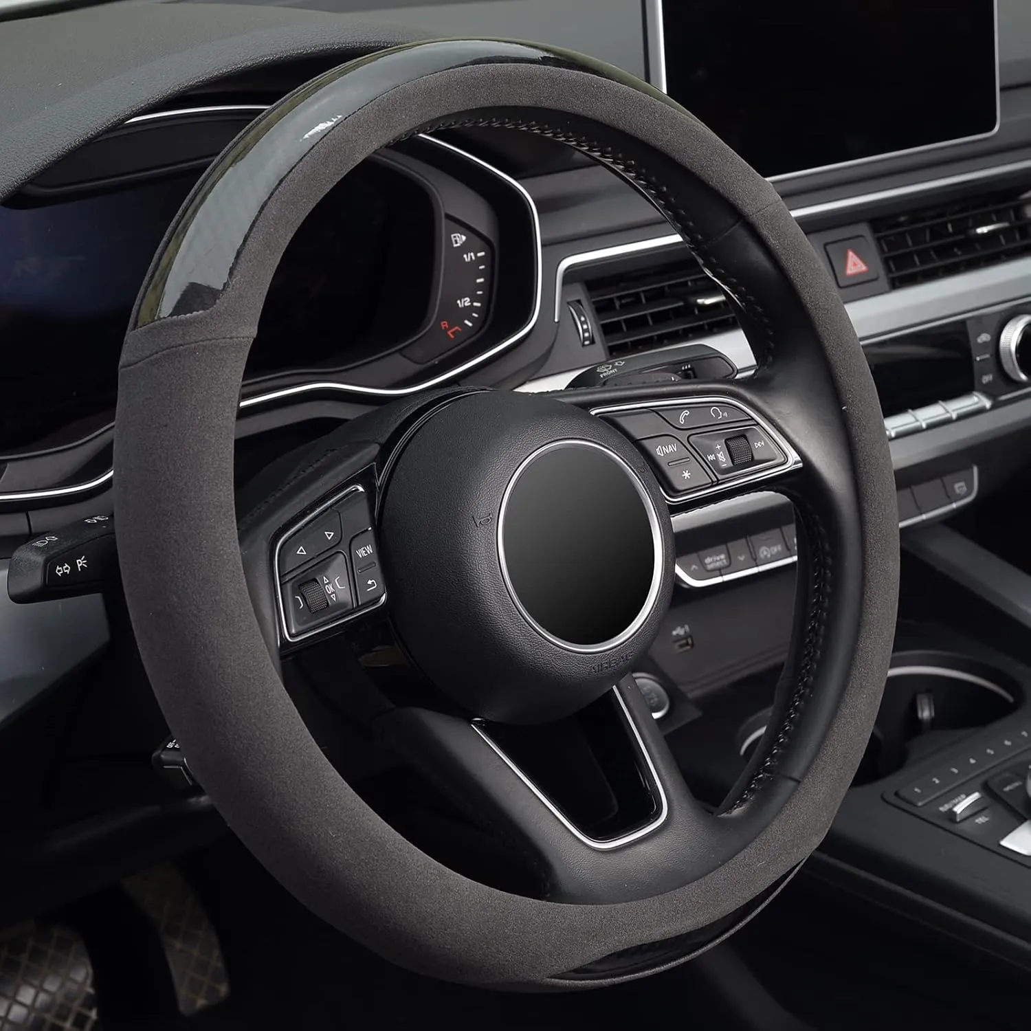 KAFEEK Suede Carbon Fibre Steering Wheel Cover, Universal 15 inch, Anti-Slip, Odorless,Black
