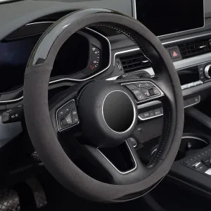 KAFEEK Suede Carbon Fibre Steering Wheel Cover, Universal 15 inch, Anti-Slip, Odorless,Black