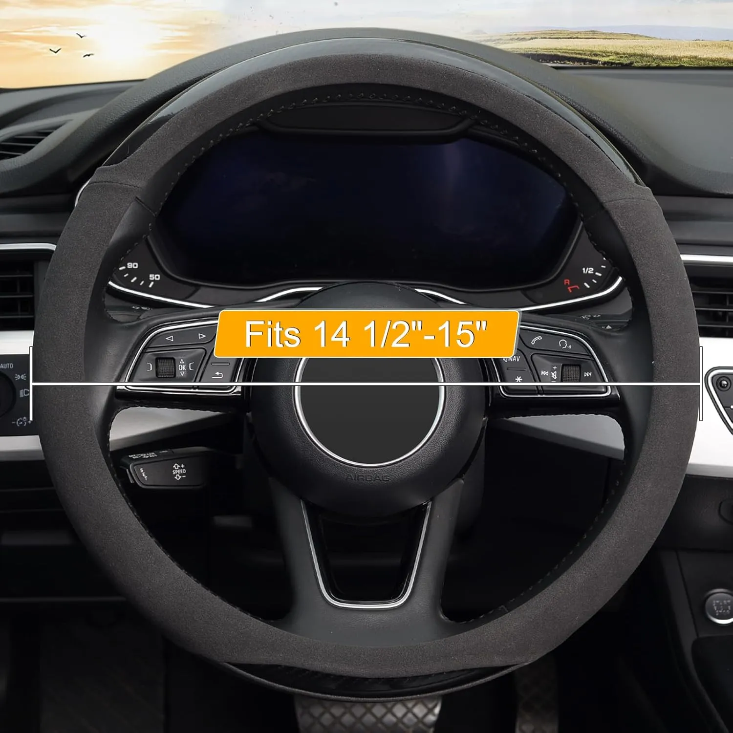 KAFEEK Suede Carbon Fibre Steering Wheel Cover, Universal 15 inch, Anti-Slip, Odorless,Black