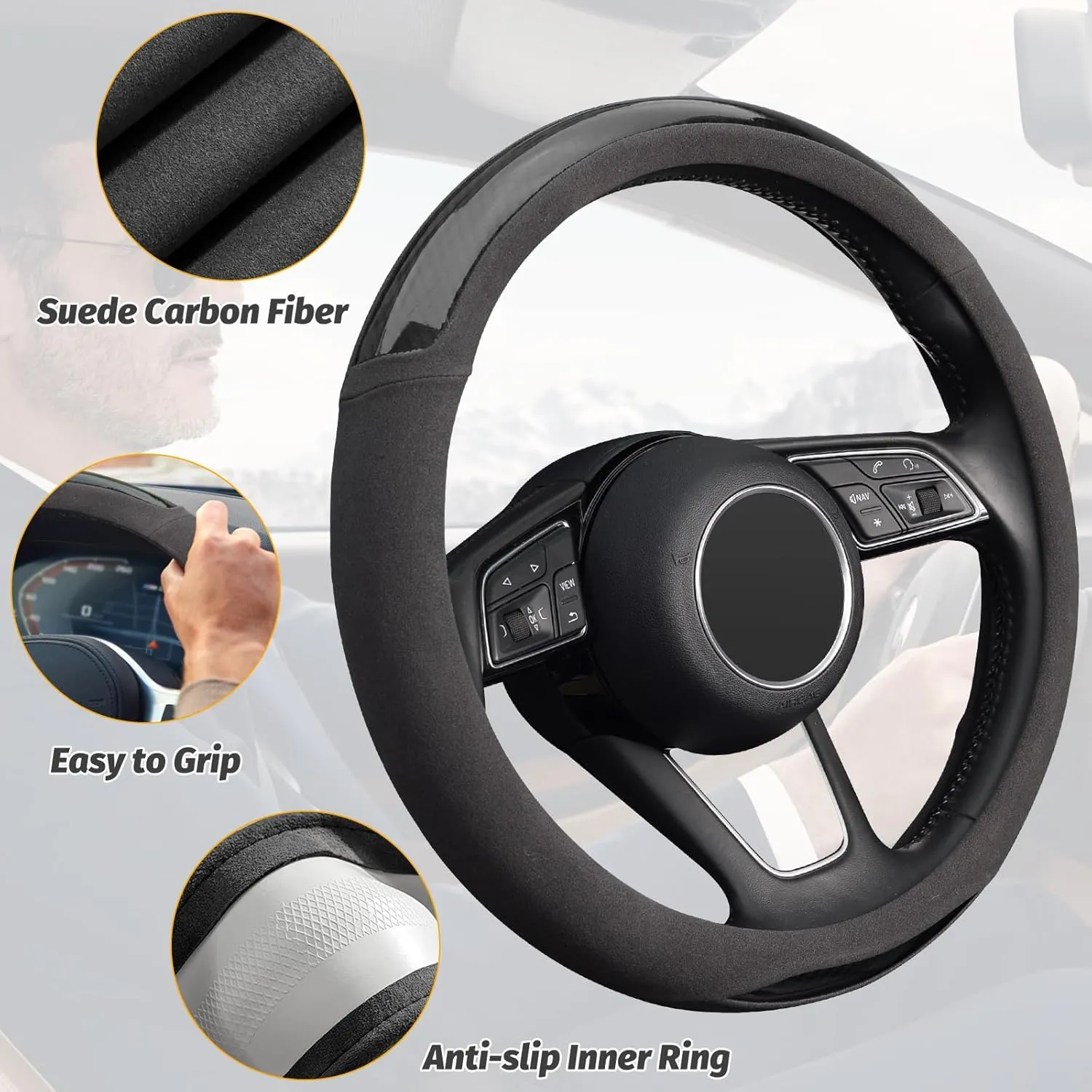 KAFEEK Suede Carbon Fibre Steering Wheel Cover, Universal 15 inch, Anti-Slip, Odorless,Black
