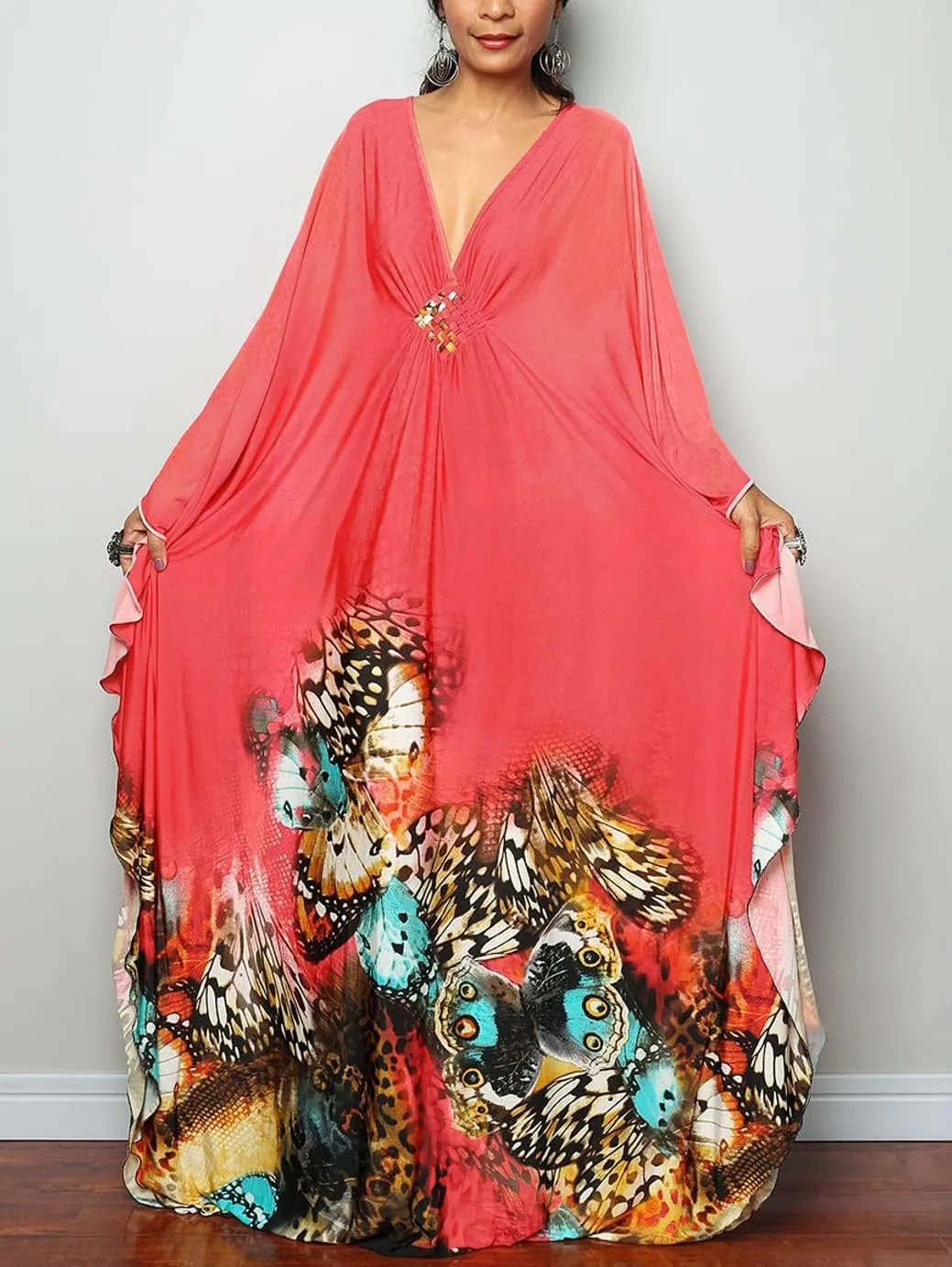 Kaftan Dresses for Women Wave Neck Swimsuit Cover Up Caftan Dress Plus Size Oversized Long Beach Dress