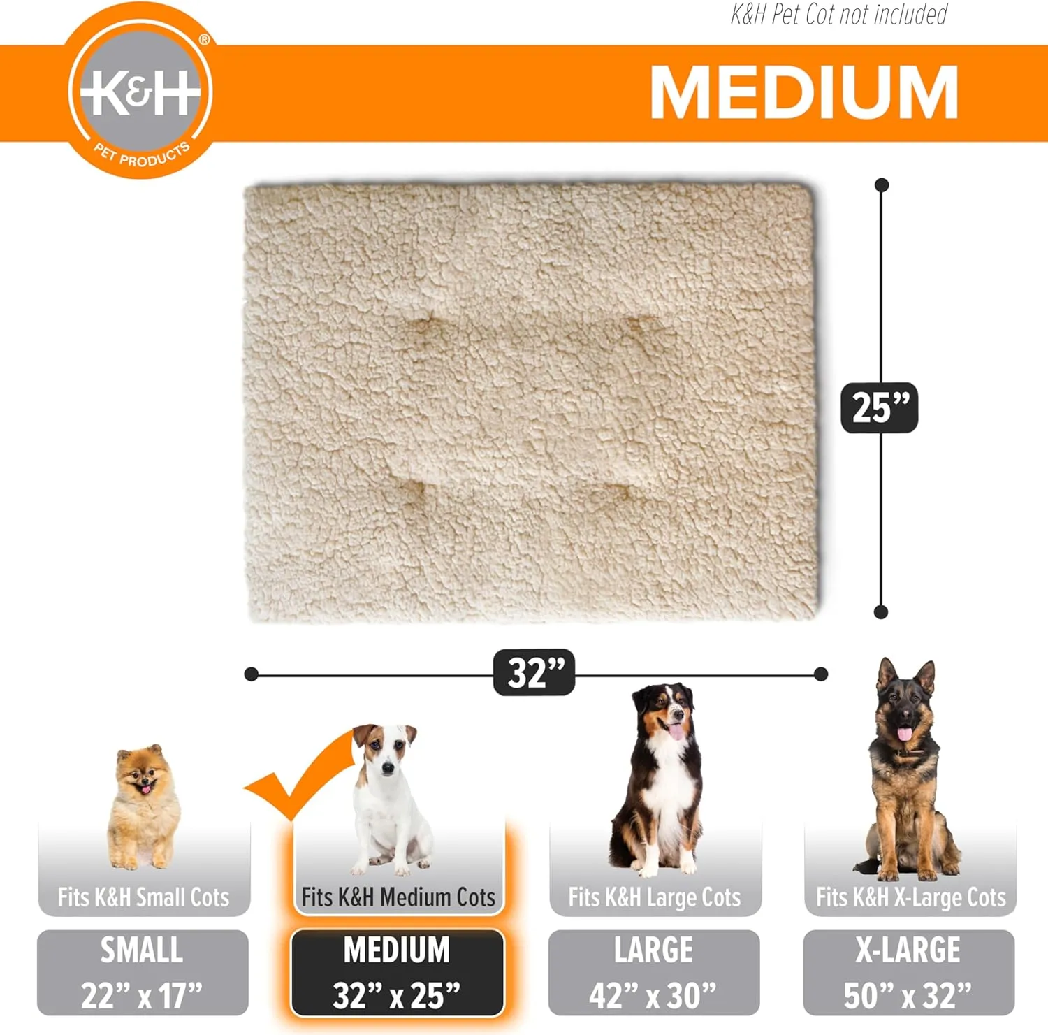 K&H Pet Products Dog Cot Pad (Cot Sold Separately), Pillow-Top Comfort Bed for K&H Medium Elevated Dog Beds, Soft & Fluffy, Secure Fit Straps, Machine Washable, Portable - Medium 32 X 25in Tan Fleece