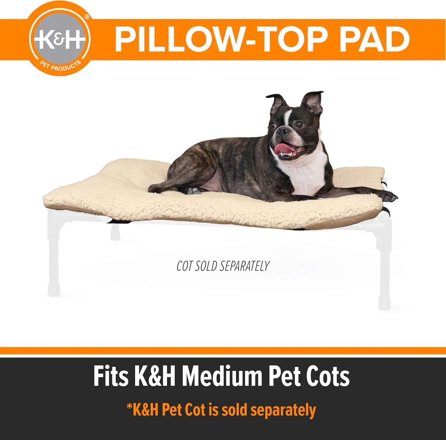 K&H Pet Products Dog Cot Pad (Cot Sold Separately), Pillow-Top Comfort Bed for K&H Medium Elevated Dog Beds, Soft & Fluffy, Secure Fit Straps, Machine Washable, Portable - Medium 32 X 25in Tan Fleece