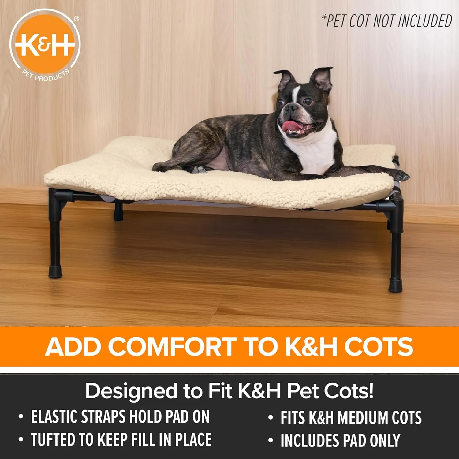 K&H Pet Products Dog Cot Pad (Cot Sold Separately), Pillow-Top Comfort Bed for K&H Medium Elevated Dog Beds, Soft & Fluffy, Secure Fit Straps, Machine Washable, Portable - Medium 32 X 25in Tan Fleece