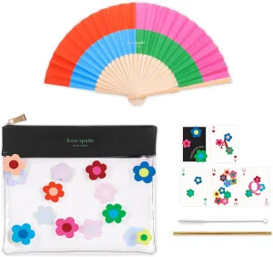 kate spade new york Outdoor Fun Pouch with Clear Pouch, Waterproof Playing Cards, Paper Fan, Stainless Steel Straw and Cleaner, Gingham Garden