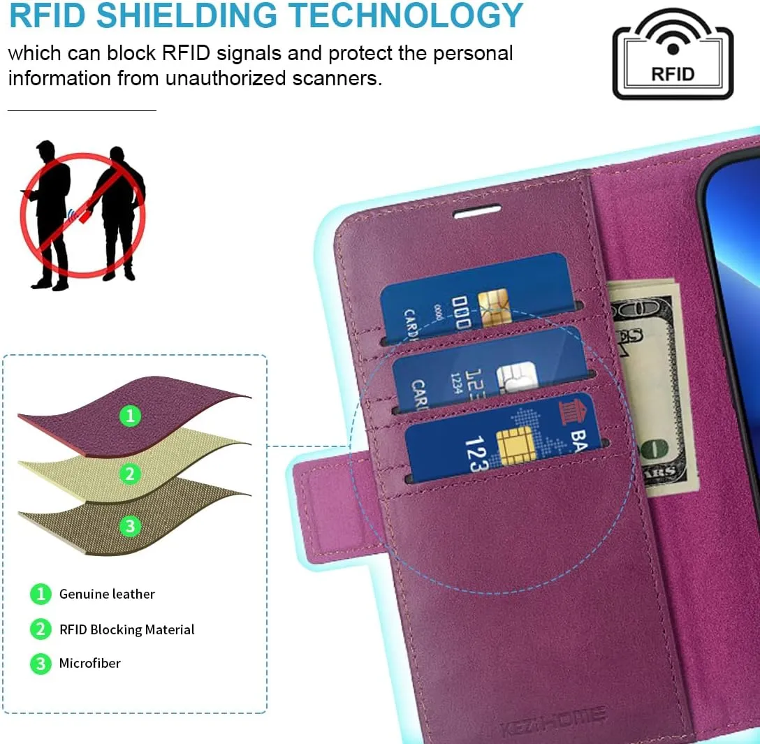 KEZiHOME Wallet Case Compatible with iPhone 14 Plus, Genuine Leather Case with Card Holder, [RFID Blocking] Kickstand, Protective Case Designed for Apple iPhone 14 Plus 5G 6.7'' 2022 (Purple/Brown)