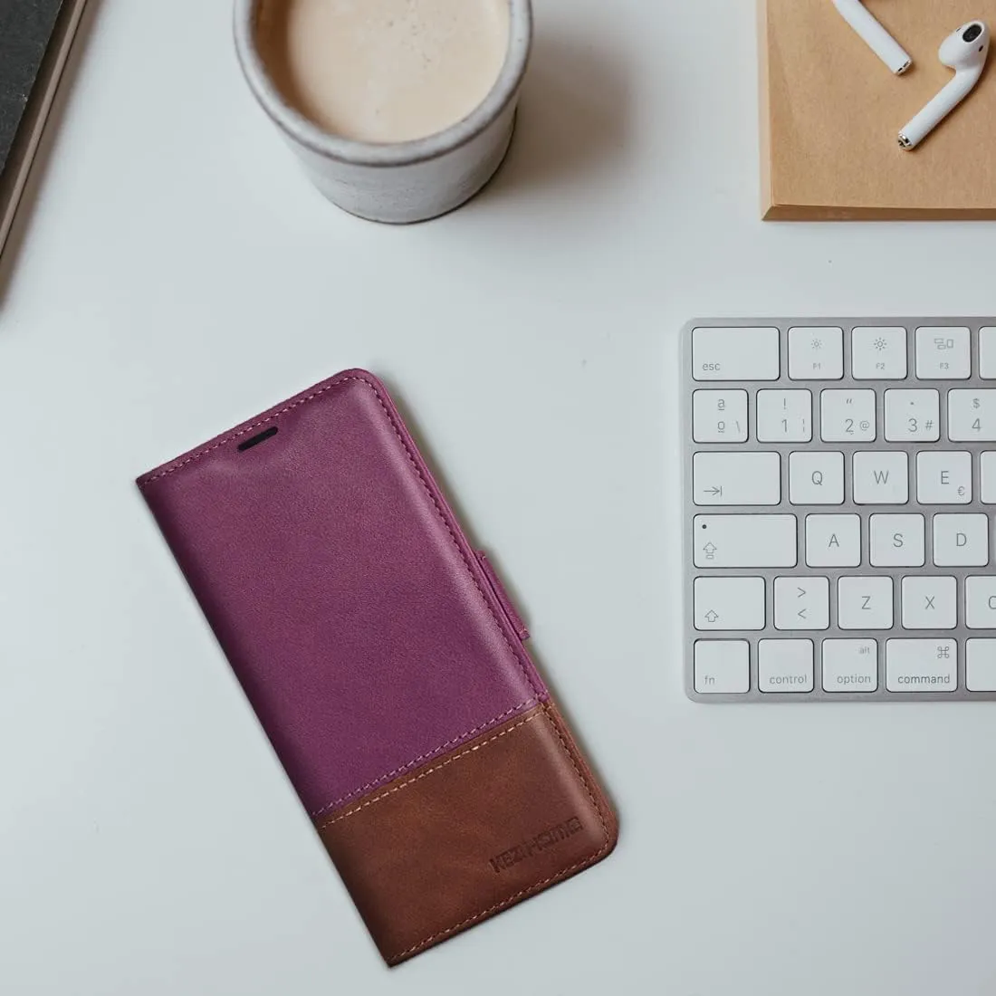KEZiHOME Wallet Case Compatible with iPhone 14 Plus, Genuine Leather Case with Card Holder, [RFID Blocking] Kickstand, Protective Case Designed for Apple iPhone 14 Plus 5G 6.7'' 2022 (Purple/Brown)