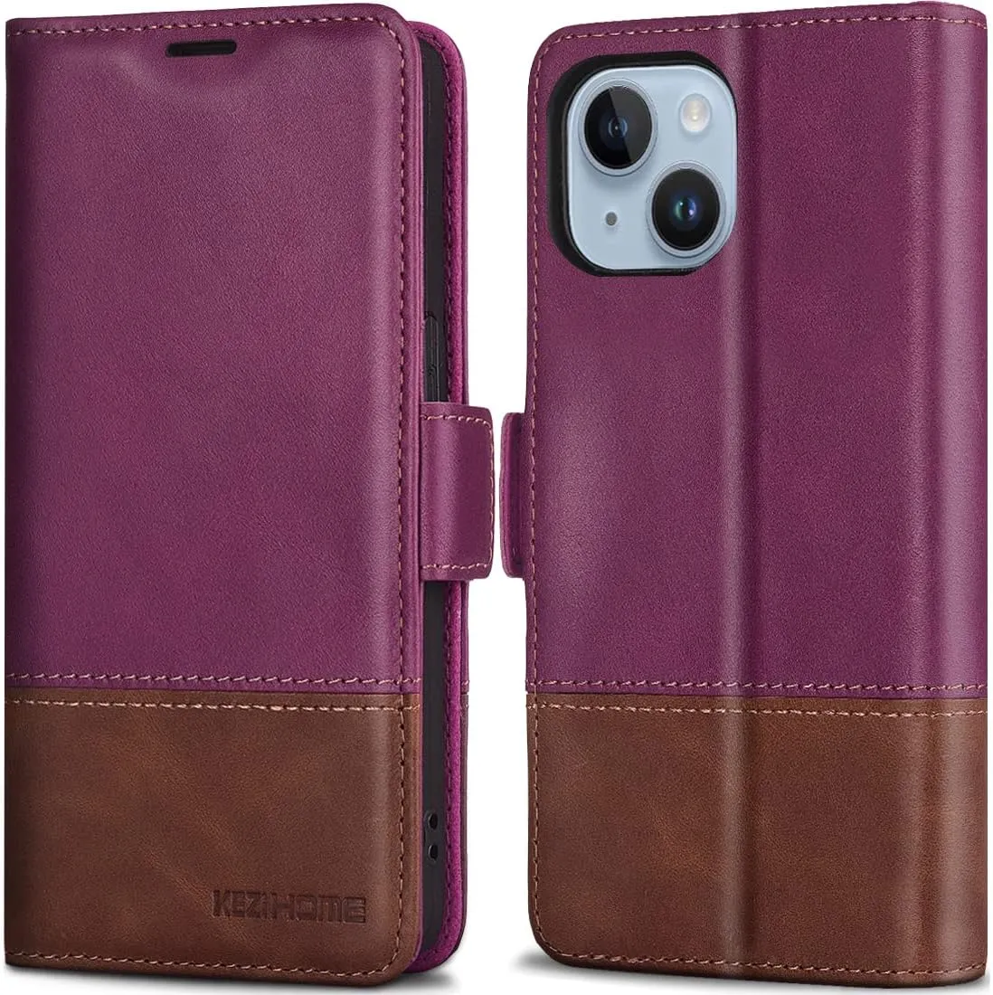 KEZiHOME Wallet Case Compatible with iPhone 14 Plus, Genuine Leather Case with Card Holder, [RFID Blocking] Kickstand, Protective Case Designed for Apple iPhone 14 Plus 5G 6.7'' 2022 (Purple/Brown)