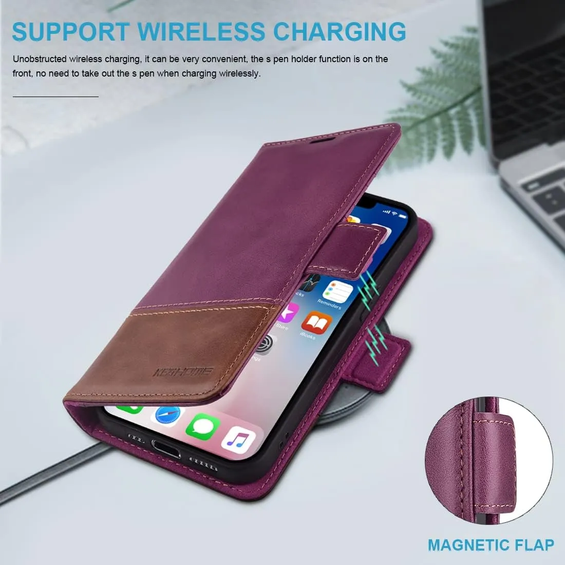 KEZiHOME Wallet Case Compatible with iPhone 14 Plus, Genuine Leather Case with Card Holder, [RFID Blocking] Kickstand, Protective Case Designed for Apple iPhone 14 Plus 5G 6.7'' 2022 (Purple/Brown)