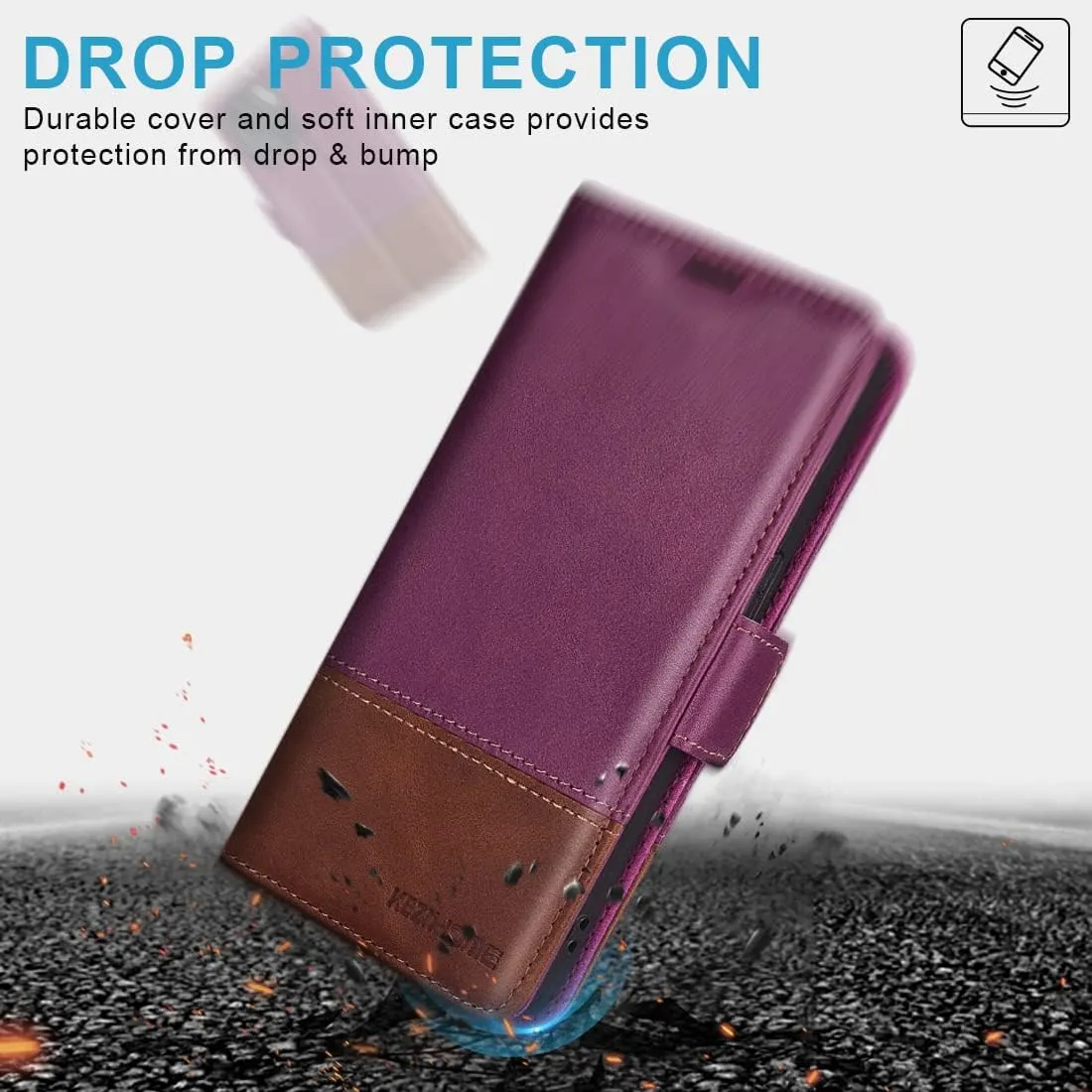 KEZiHOME Wallet Case Compatible with iPhone 14 Plus, Genuine Leather Case with Card Holder, [RFID Blocking] Kickstand, Protective Case Designed for Apple iPhone 14 Plus 5G 6.7'' 2022 (Purple/Brown)