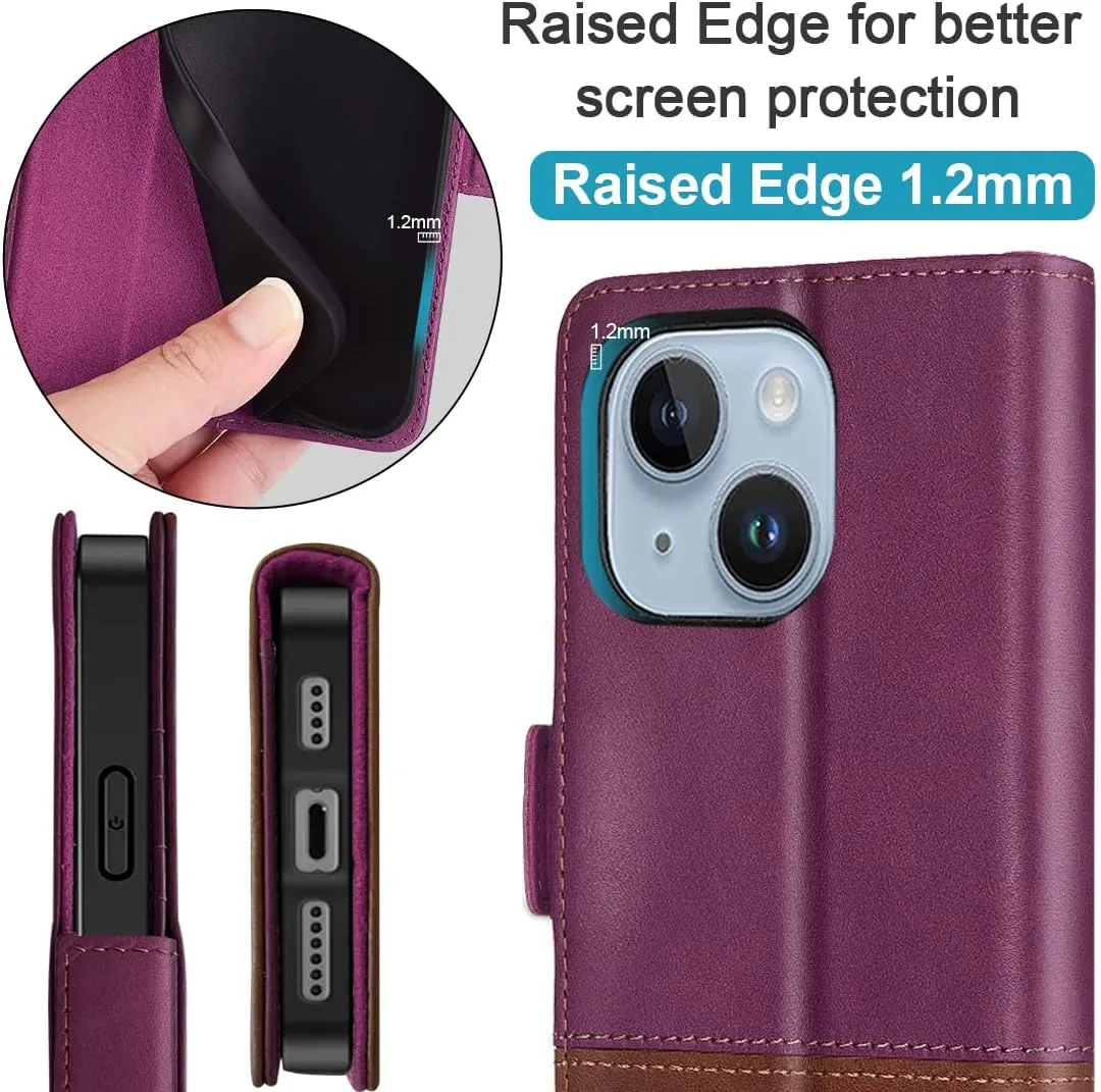 KEZiHOME Wallet Case Compatible with iPhone 14 Plus, Genuine Leather Case with Card Holder, [RFID Blocking] Kickstand, Protective Case Designed for Apple iPhone 14 Plus 5G 6.7'' 2022 (Purple/Brown)