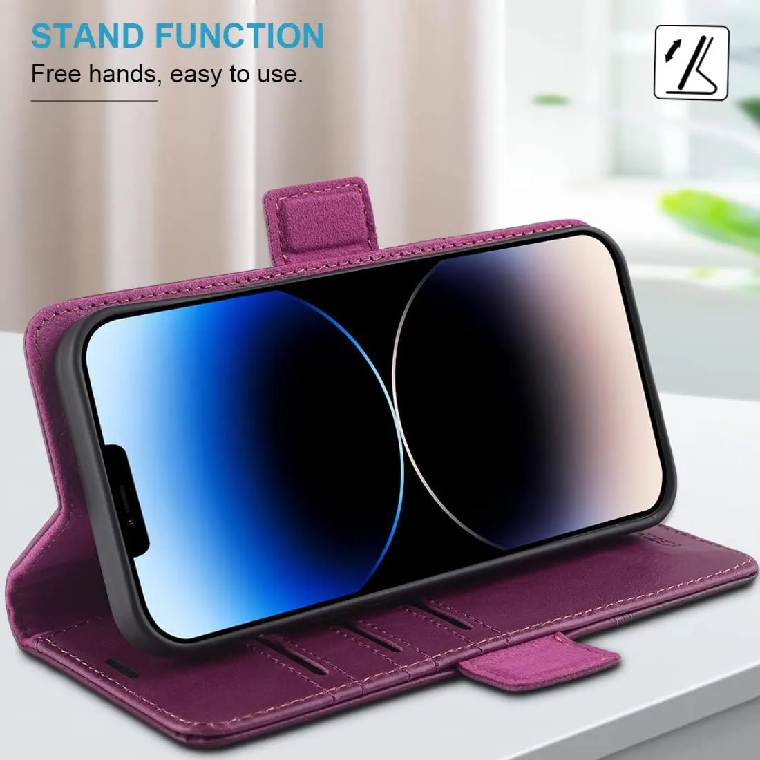 KEZiHOME Wallet Case Compatible with iPhone 14 Plus, Genuine Leather Case with Card Holder, [RFID Blocking] Kickstand, Protective Case Designed for Apple iPhone 14 Plus 5G 6.7'' 2022 (Purple/Brown)