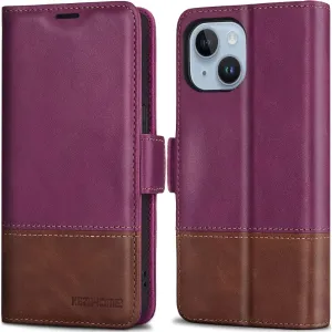 KEZiHOME Wallet Case Compatible with iPhone 14 Plus, Genuine Leather Case with Card Holder, [RFID Blocking] Kickstand, Protective Case Designed for Apple iPhone 14 Plus 5G 6.7'' 2022 (Purple/Brown)