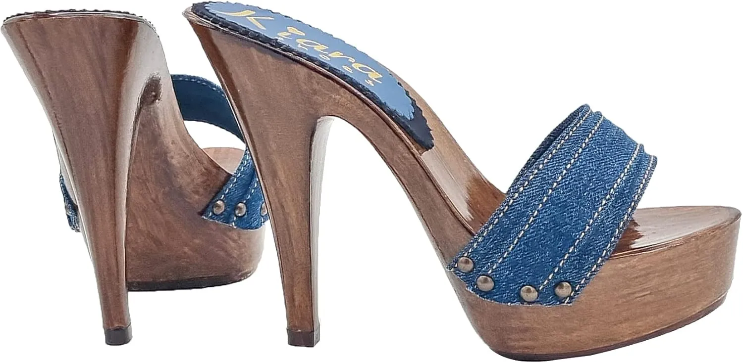 Kiara Shoes Denim Clogs Heel HIGH 13 cm 100% Made in Italy - K9201 Denim
